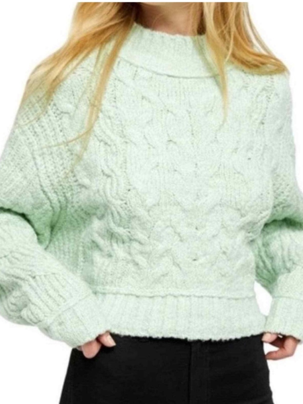 Free People Merry Go Round Mint Cable Knit Turtleneck Crop Sweater